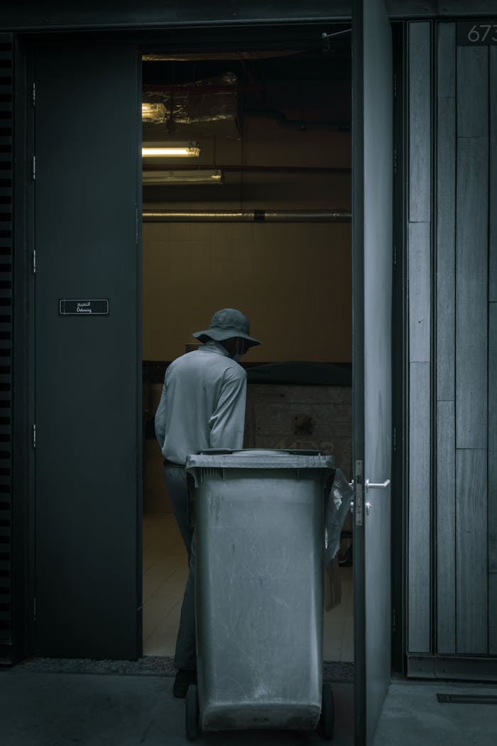 A person in a hat pulls a trash bin through an industrial doorway, creating a moody urban scene.